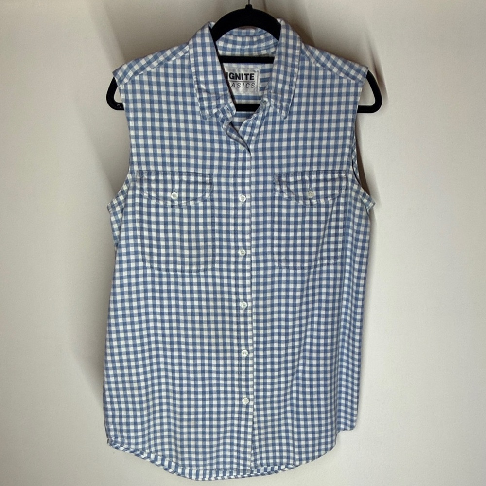 Vintage Ignite Basics Blue Cotton Checkered Button Up Sleeveless Shirt sz Medium